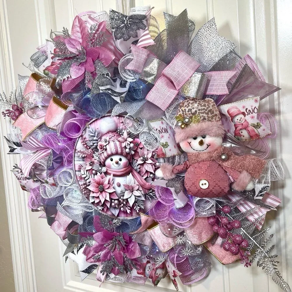 Handmade Pink Winter Snowman Holiday Ribbon Door Wreath 22 ins W80